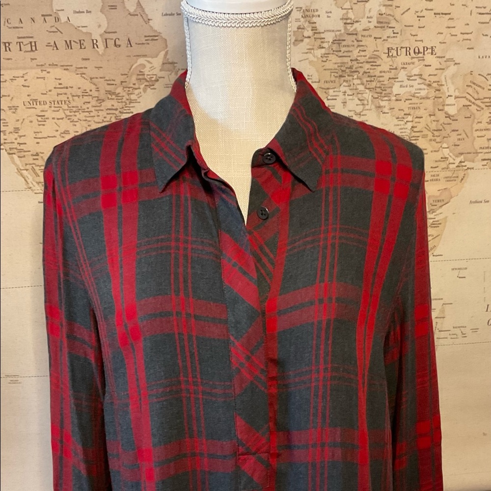 CAbi Red and Gray Plaid Button-Down Shirt